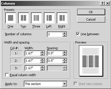 figure 9-5. use the columns dialog box to specify the width and spacing for unequal columns.