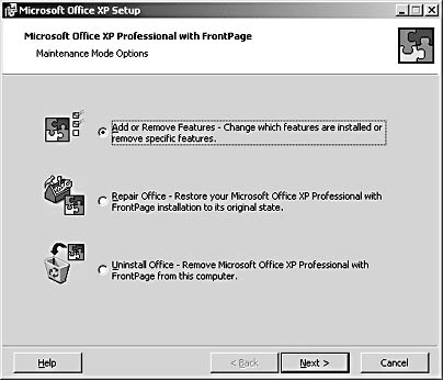figure a-2. the microsoft office xp setup wizard gives you choices for changing, repairing, or uninstalling office.