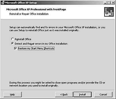 figure a-4. you can repair office from the microsoft office xp setup wizard.
