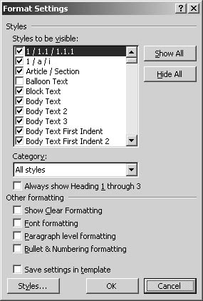 figure 10-3. the format settings dialog box enables you to control which styles display in the styles and formatting task pane.