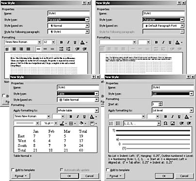 figure 10-6. the new style dialog box enables you to configure numerous properties when you create a new style; its options change slightly based on whether you're creating a paragraph, character, table, or list style.