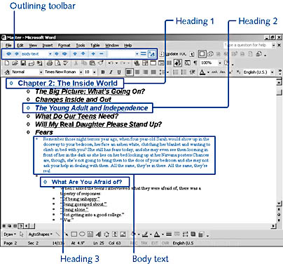 figure 11-2. outline view makes use of the headings you've formatted in your document. paragraph text also appears by default when you first display the outline.