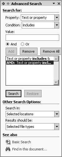 figure 12-2. the advanced search task pane view enables you to search for documents based on properties and conditions.