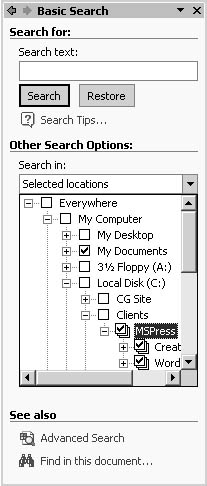 figure 12-5. click plus sign icons to expand your view, and select check boxes to indicate that you want word to search within a selected drive, folder, or file. notice the 