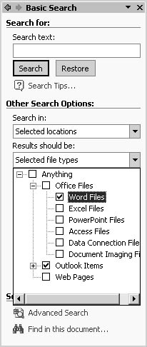 figure 12-6. you can pick and choose which types of files you want to include in your document search.