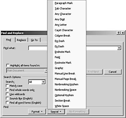 figure 12-14. you can search for special character and document elements by choosing options on the special drop-down menu or by inserting character codes directly in the find what box (or the replace with box on the replace tab).