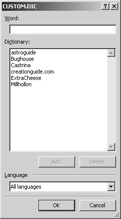 figure 13-8. the dictionary editing dialog box provides an easy way to create and modify custom dictionaries. in earlier versions of word, editing dictionaries entailed modifying a plain text file.