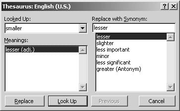 figure 13-13. the thesaurus dialog box enables you to jump from term to term in the same fashion you might flip through a hard-copy thesaurus.