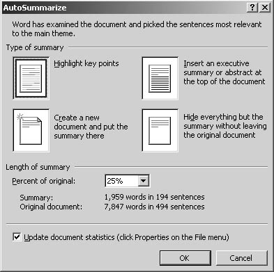 figure 13-16. autosummarize provides various options for displaying a summary of the current document.