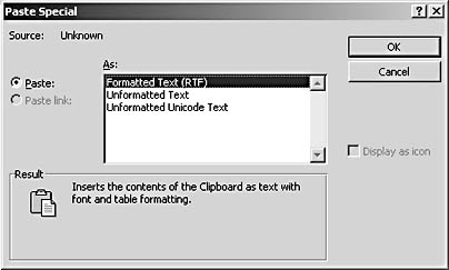 figure 15-5. the paste special dialog box enables you to both link and embed data.