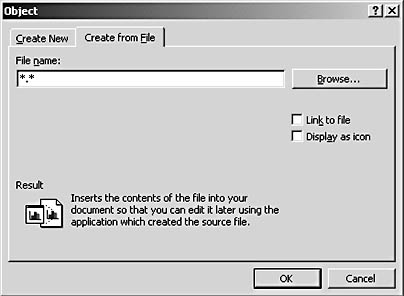 figure 15-8. use the create from file tab in the insert object dialog box to embed an existing file.