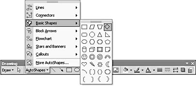 figure 16-1. the autoshapes drop-down menu provides a collection of shapes you can insert and combine to create custom graphics.