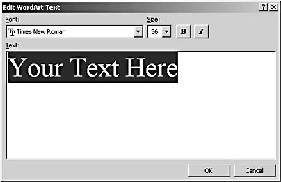figure 17-3. you can enter custom text for a wordart object in the edit wordart text dialog box, as well as configure font, size, boldface, and italic formatting settings.