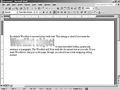 figure 17-5. by default, wordart objects are formatted as inline objects.