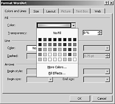 figure 17-11. you can modify wordart colors and line settings by configuring the colors and lines tab in the format wordart dialog box. 