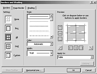 figure 18-14. choose from a number of preset border styles in the borders and shading dialog box.