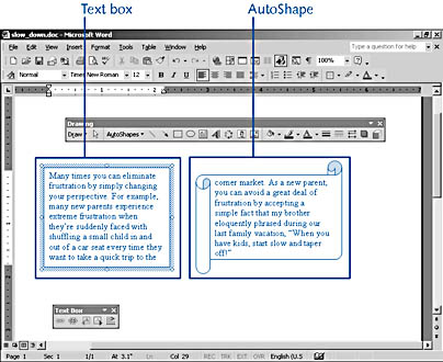 figure 23-1. you can control text placement and generate unique page designs using text boxes and autoshapes.