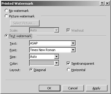 figure 23-8. in word 2002, you can use the printed watermark dialog box to add picture and text watermarks to your documents.
