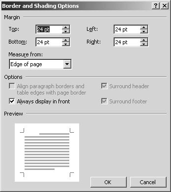figure 24-7. you control border margins and make choices about border alignment in the border and shading options dialog box.
