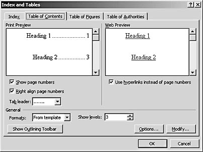 figure 26-1. you generate a table of contents in the index and tables dialog box.