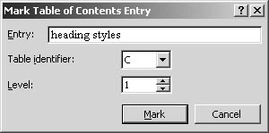 figure 26-3. enter toc entries manually in the mark table of contents entry dialog box.
