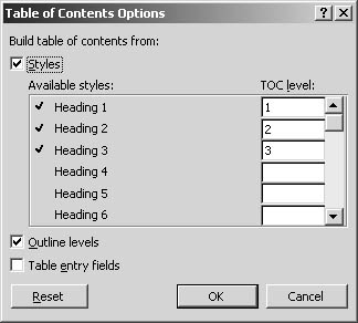 figure 26-6. you can choose the elements you want to use in the table of contents options dialog box.