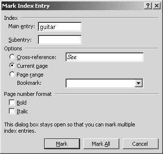 figure 27-2. you use the mark index entry dialog box to enter index entries and subentries.