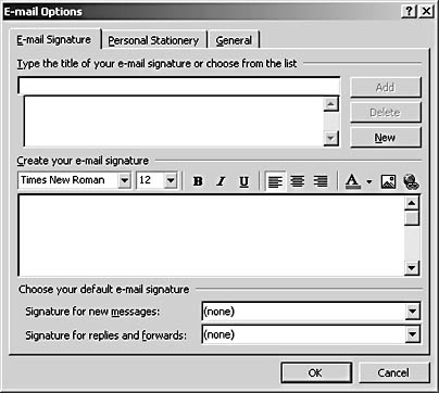figure 30-7. you can use the e-mail options dialog box to create a collection of signatures that you can choose from when you create e-mail messages in word.