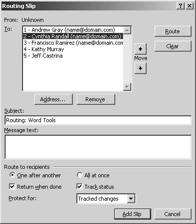 figure 30-10. the to list in the routing slip dialog box specifies the users who will be included in the routing process.
