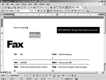 figure 30-27. after you complete the fax wizard, word displays the fax in the document window, where you can make final changes and send the fax.