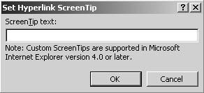 figure 31-14. the set hyperlink screentip dialog box enables you to specify the text that appears when users hover their mouse pointer over a hyperlink.