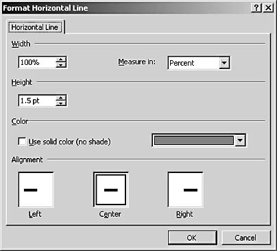 figure 31-18. the format horizontal line dialog box enables you to control the appearance of horizontal lines used in your web pages.