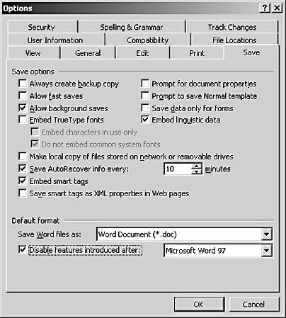 figure 32-1. you can configure the settings on the save tab to establish a default file format for new documents as well as disable features that aren't supported in earlier versions of word.