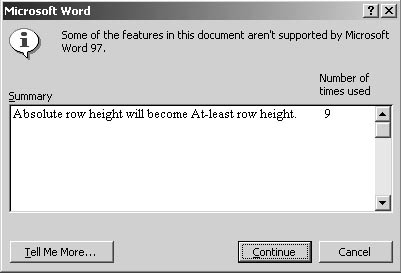figure 32-2. word displays a summary of features found in the current document that aren't supported in the newly selected document format.