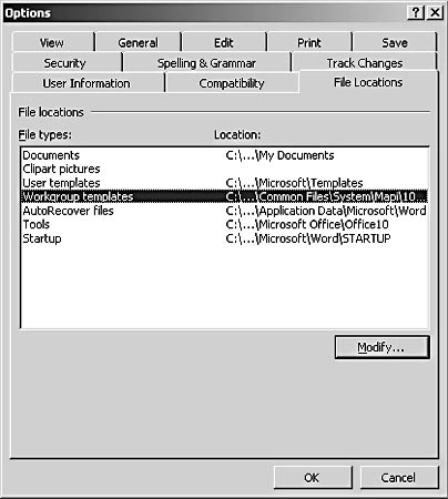 figure 32-6. you can use the file locations tab to specify locations for a number of file types, including workgroup templates.