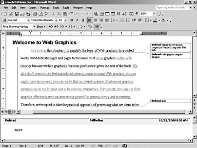 figure 33-12. the final showing markup view displays inserted text within the document and describes deletions in balloons in the margins. of course, all changes are displayed in the reviewing pane regardless of the setting in the display for review box on the reviewing toolbar.