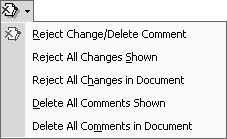 figure 33-14. you can accept or reject all changes or displayed changes by using the accept change and reject change/delete comment drop-down menus, which are accessible from the reviewing toolbar.