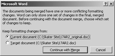 figure 33-17. if you attempt to merge two documents with differing formatting, word requires you to specify which document's formatting should take precedence.