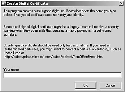 figure 34-6. the selfcert.exe application enables you to create an unauthenticated digital certificate that you can use for your own macros and files. 