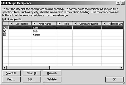 figure 35-4. you can work with and modify the data in your data source in the mail merge wizard.