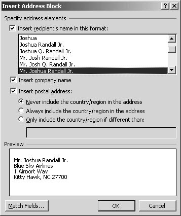 figure 35-8. specify the address format you want to use in the insert address block dialog box.