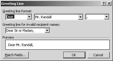 figure 35-9. choose the salutation and name format for your greeting in the greeting line dialog box.