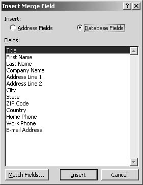 figure 35-10. the insert merge field dialog box enables you to choose either address fields or database fields