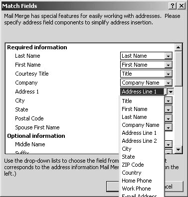 figure 35-12. use the match fields dialog box to tell word how to correctly import the data you've created in other programs.