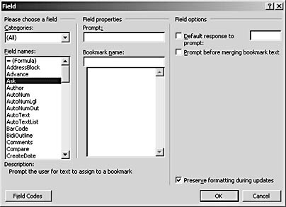figure 36-2. the field dialog box provides field code options tailored to the field you select.