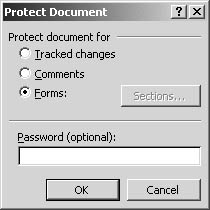 figure 36-9. you can use the protect document dialog box to assign a password to the form.