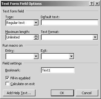 figure 36-11. you make choices for the text field in the text form field options dialog box.