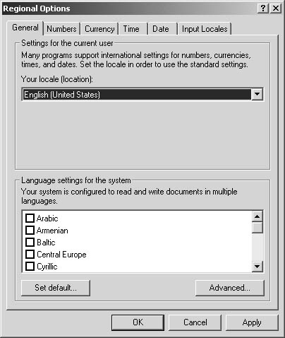 figure 37-2. enter regional options for dates, times, and number formats in the regional options dialog box.