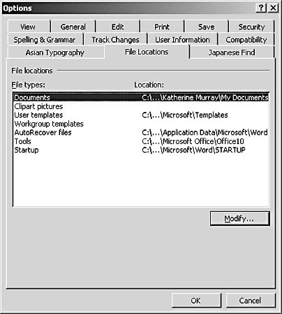 figure 38-2. you can change the default folder in which word stores and retrieves documents.