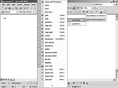 figure 38-4. the formatting submenu shows all the buttons available for the formatting toolbar, with a check mark beside the ones currently shown on the toolbar.